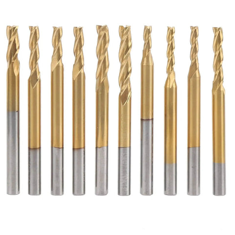 Front view of 10 Piece End Mill Set With 3 Flute Round Shank CNC Milling Cutters Ti Plated Tungsten Steel For 3D Relief Engraving