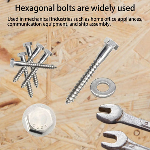Beefy Stainless Steel Lag Screws With Washers And Gaskets Included Ten Pack Hex Head Bolts Three Eighths Inch By Three Inches Heavy Duty Lag Bolts For Decks And Timber Corrosion Resistant Fasteners in various views, including close-up of hex head, washers, and screwdrivers against wood background.