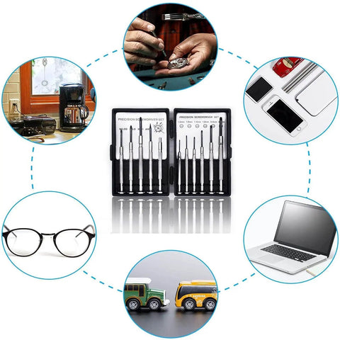 11-Piece Mini Precision Screwdriver Set With Magnetic Tips for jewelry, watches, eyeglasses, iPhone, electronics shown with uses