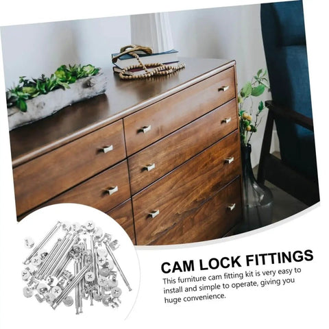 Heavy Duty Furniture Cam Lock Fittings Kit For Cabinets 20 Sets With Double Headed Connectors next to wooden dresser