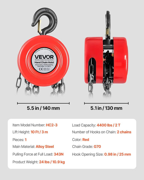 Heavy Duty Hand Chain Hoist 2 Ton With 10 Ft Lift and Galvanized G70 Chain, front and side view showing red alloy steel frame.