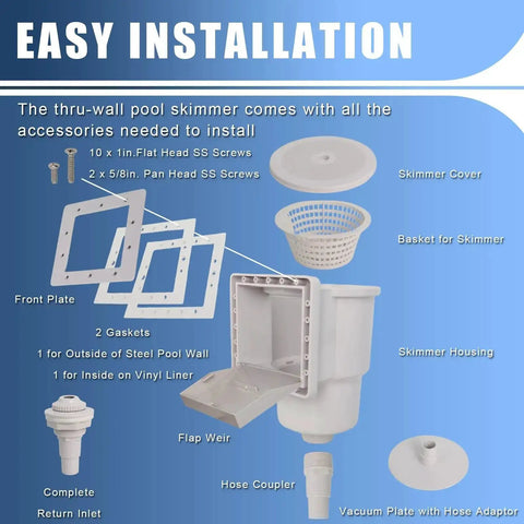 SP1091LX Above Ground Pool Skimmer Replacement Kit with accessories for 6-inch wall openings, showing screws, skimmer cover, and basket.