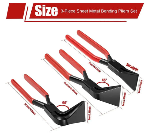 Three Piece Sheet Metal Hand Seamer Set With Straight 45 Degree And 90 Degree Jaws for bending and flattening, shown in red handles.