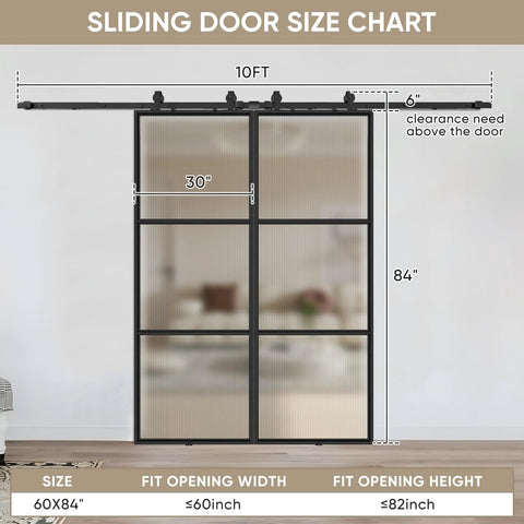 Two In One Double Barn Door Set 60 Inch By 84 Inch With 10 Ft Hardware Kit And Soft Close Reeded Glass Carbon Steel Frame view