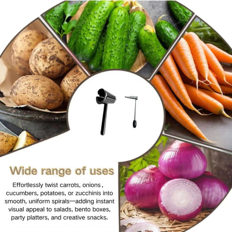 Spiral Vegetable Cutter Set With Stainless Steel Piranha Style Spiral Cutter And Carrot Curler Tool For Potatoes Cucumbers And Carrots Includes Flower Maker For Garnish And Decorative Dishes showcasing use with vegetables.