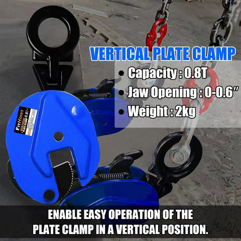 Heavy Duty Vertical Plate Clamp 0.8 Ton Load For Lifting And Transporting shown close-up in blue alloy steel with safety features.