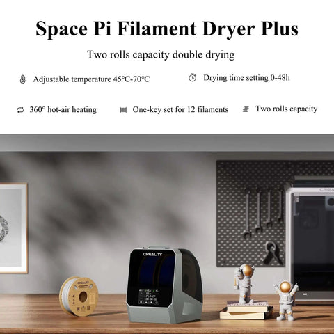 Space Pi Filament Dryer Plus with dual roll capacity on a desk, featuring heat control and LCD screen for drying PLA, PETG, ABS, TPU.