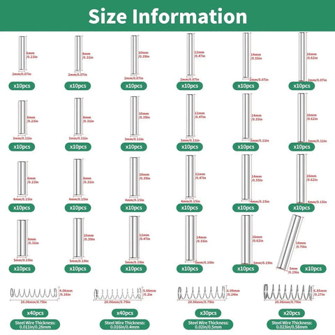 All Purpose Stainless Steel Dowel Pins And Compression Springs Kit 370Pcs For M2 To M5 Sizes 304 Grade Pins And Springs with size chart