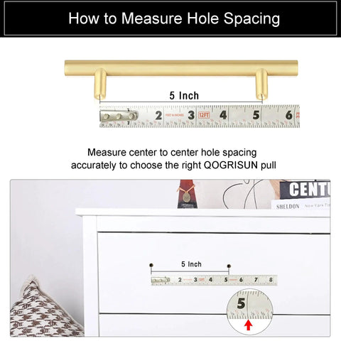 Diagram showing measurement for Solid Brass Cabinet Pulls 5 Pack Hexagon Drawer Handles With Five Inch Hole Center And Six Point Six Inch Total Length.