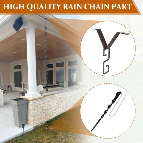 Copper rain chain hanger and ground anchor kit with S-hook and stake installed on outdoor home rain gutter