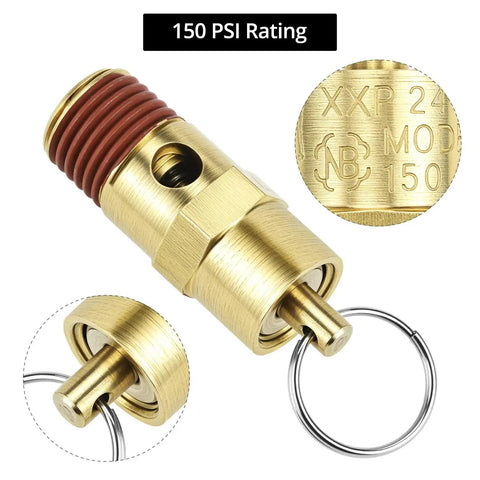 Brass pressure relief valve for air compressors, 1/4 inch NPT threaded, 150 PSI relief, with seal locks and corrosion-resistant finish.