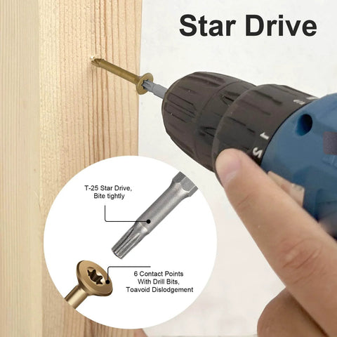 Go-To One And A Half Inch Size 8 Deck Screws With Golden Brown Epoxy Coating For Outdoor Wood, Torx T25 Star Drive in use