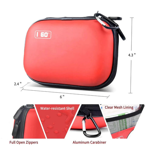 Red 85 Piece Hard Shell Mini Compact First Aid Kit For Grab And Go Travel And Outdoor Adventures with dimensions and features.