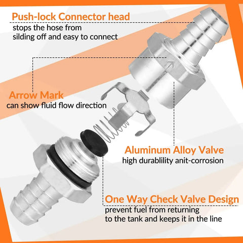 One Way Fuel Check Valve Pack Of Four Inline Valves In 1/4, 5/16, 3/8 And 1/2 Inch For Fuel Line Oil Petrol Diesel Gasoline Water Aluminum Alloy Silver Finish, Non Return Inline Valves For Reliable Flow In Fuel, Oil And Water Systems; showing valve design and features.