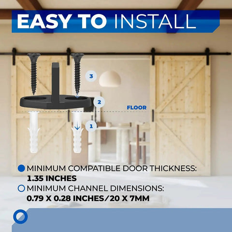Barn Door Floor Guides And Bottom Track Mounts Heavy Duty Metal Glides Replacement Tracks Stops From Swing Universal Compatibility With Standard Wooden Sliding Doors Minimum Door Thickness 1.35 Inches Groove Size 0.79 By 0.28 Inches 2 Pack easy installation diagram with screws.