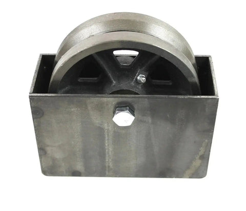 Heavy Duty 6 Inch Cast Iron V Groove Wheel With Weldable Steel Box For Sliding Or Rolling Gates, 2 Inch Wide Wheel, Axle Bolt
