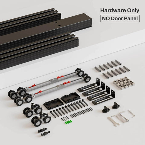 Heavy Duty Aluminum Bypass Barn Door Sliding Closet Hardware Track Kit With Soft Close Built To Last For Wide Openings Up To 79.2 Inches Supports 150 Lbs Per Door For Door Thickness 1.3 To 1.57 Inches No Door Included showing components