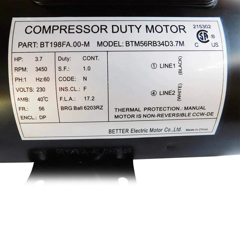 Label of Beefed-Up 3.7HP 56 Frame Air Compressor Motor For 230V Single Phase Industrial-Grade, shows specifications and model BTM56RB34D3.7M.