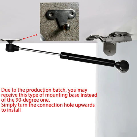 80N Heavy Duty Hydraulic Gas Struts 6 Pack Soft Close Lid Supports for Cabinets and Furniture shown mounted in cabinet