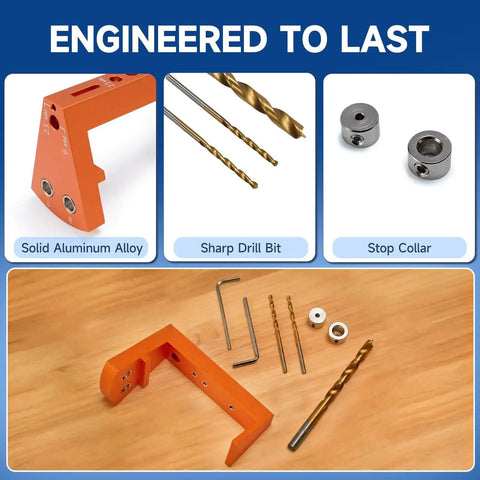 Blum Tandem Undermount Drawer Slide Drilling Guide Kit with Pro Grade Aluminum Angle Guide, drill bits, stop collars, and hex wrench.
