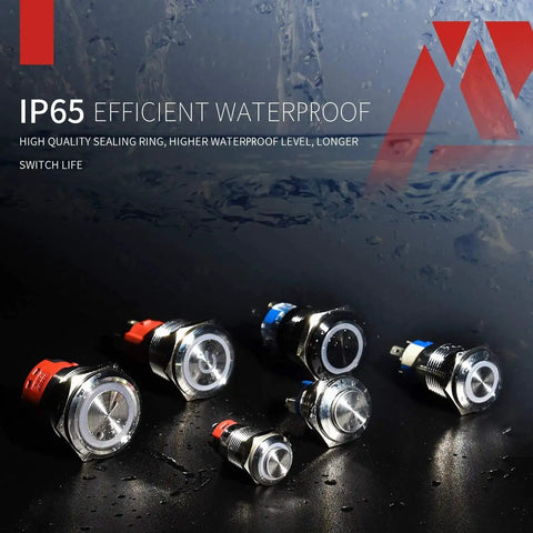 Six 19mm Latching Push Button Switches with Angel Eye LED Halo Ring 12V DC Blue in a waterproof setting, highlighting IP65 rating.