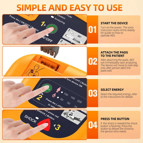 Instructions on using Portable AED Defibrillator For Home, Gym, Subway, And Workplace Use Easy Automatic External Defibrillator.