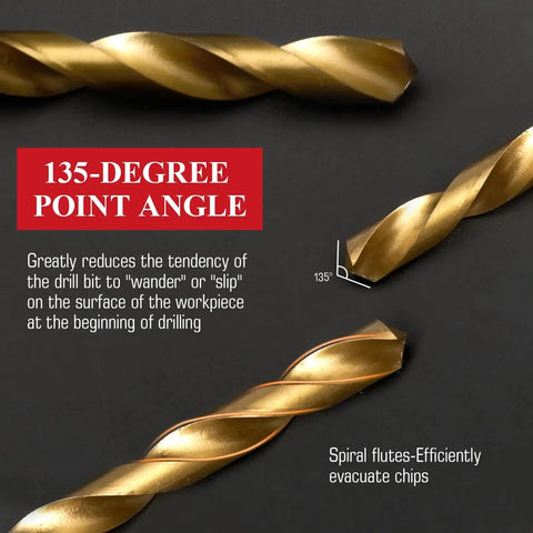 135-degree point angle of 13 Piece HSS Drill Bit Set With Titanium Coating For Metal Wood Plastic, Quick Change Design, side view.