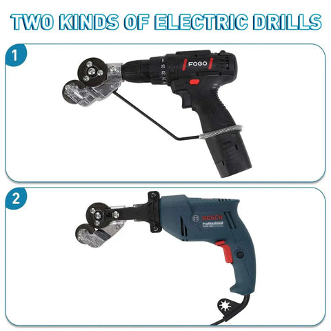Two drills equipped with DIY Sheet Metal Nibbler Attachment For Drill 2025 Upgraded Metal Cutter with Adapter in use