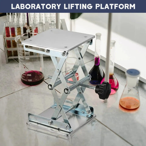 Stainless Steel Lift Table Lab Stand With Hand Wheel 6x6 Platform 75mm-260mm in a laboratory setting with beakers and flasks.