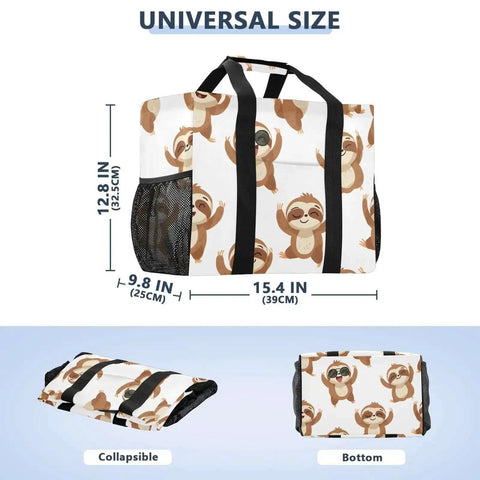 Sloth Print Beach Tote With Cool Sunglasses For Women And Girls Large Lightweight Canvas Tote Bag For Pool Travel Shopping Work Nurse Dance And Yoga Gear, showing front, collapsible and bottom views with dimensions.