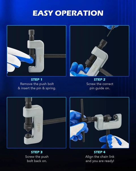 Instruction steps for Beefed Up Chain Breaker Tool Kit With C Frame For Quick Chain Link Removal 19 Piece Set Orion Motor Tech.
