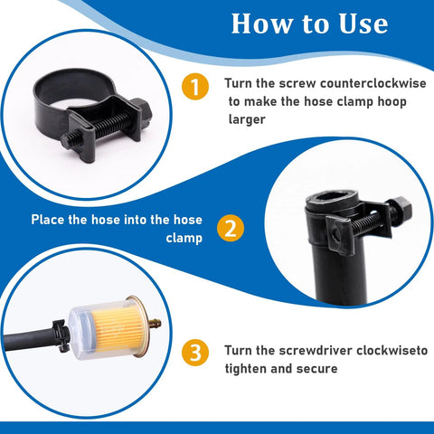 Instructional diagram of Eoppen fuel line hose clamp kit; shows black clamp, screw, hose, and inline fuel filter.