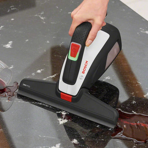 Bosch GlassVAC battery window vacuum cleaner, handheld black and white with red power switch.