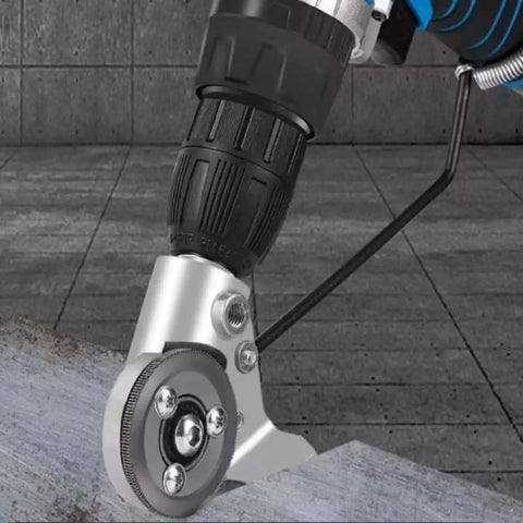 Drill Powered Sheet Metal Cutter And Nibbler Attachment cutting metal with burr-free edges in action, close-up view of tool attachment.