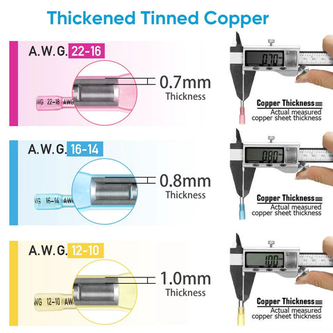 TICONN 100pcs heat-shrink butt wire connectors kit; thickened tinned copper, color-coded for AWG 22-16, 16-14, 12-10.