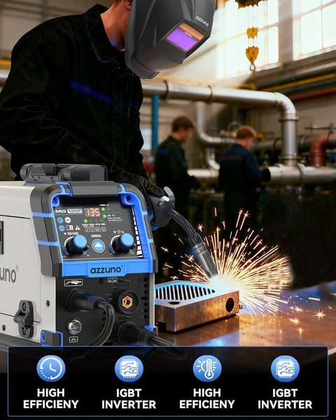 3 In 1 MIG TIG Stick Welder 135A 110V Flux Core Gasless Portable Wire Feed Welder With Auto Darkening Helmet in use, welding sparks visible