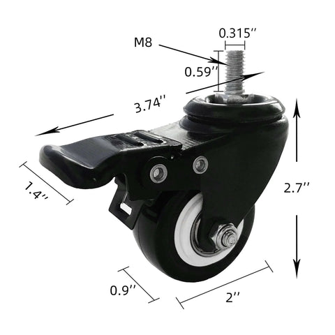 Single 2 Inch M8 Threaded PU Swivel Caster with Brake for Standing Desks, shown with dimensions and dual-lock feature, 360-degree rotation.