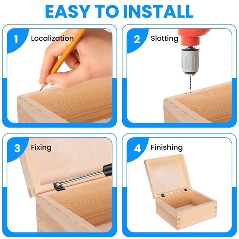 Step-by-step installation of 24 Pack Mini Antique Bronze Hinges 13x12mm 180 Degree Rotation With 96 Mounting Nails on a wooden box