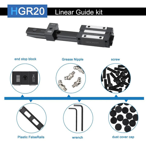 150mm Linear Guide Rail Kit With 2 Rails And 2 Carriages HGH20CA Sliding Blocks With End Stops and Components Display