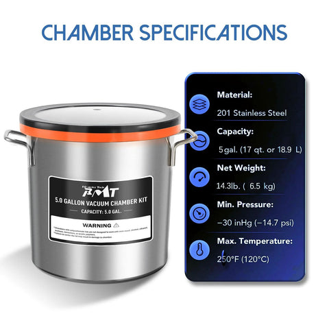 PB Motor Tech 5-Gallon vacuum chamber kit in 201 stainless steel with orange gasket and tempered glass lid.