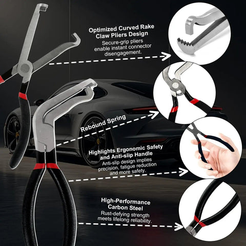 Close-up of 4 Piece Automotive Electrical Disconnect Pliers Set 37960 Straight 37980 60 Degree 13120 Dual Head carbon steel tools with ergonomic handles.