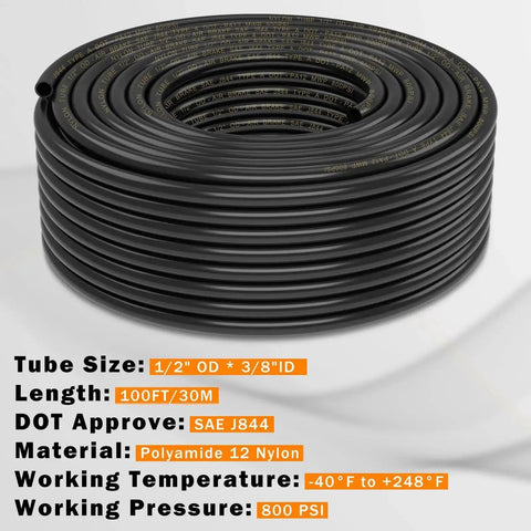 Coiled PA12 Nylon DOT Air Line One Half Inch OD Pneumatic Tubing, 100 Feet Long, SAE J844 Compliant, for industrial use.