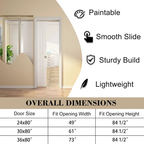 Smooth Sliding Pocket Door Kit 24x80 With Raised 2 Panel Arch Top White Primed Door Slab installed with features list