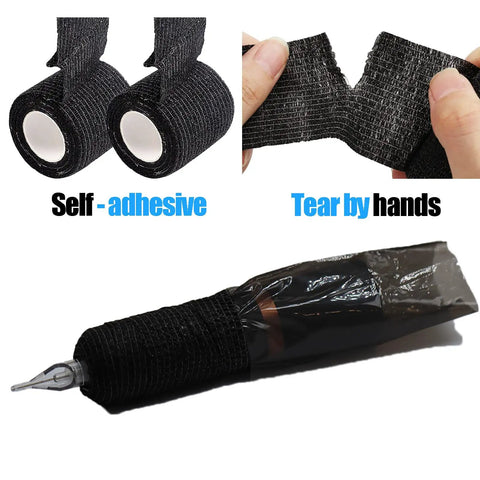 MIUXIA tattoo pen covers and grip wrap set; black self-adhesive wraps, 200 covers and 4 grip tapes for tattoo machines.