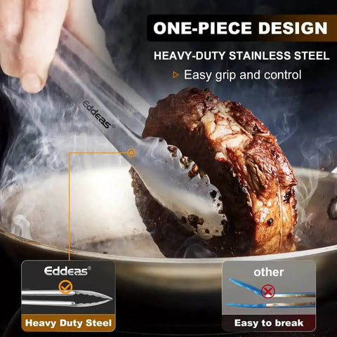 Heavy Duty Stainless Steel Kitchen Tongs set of 3 grilling meat with easy grip, heat resistant to 600 degrees, dishwasher safe.
