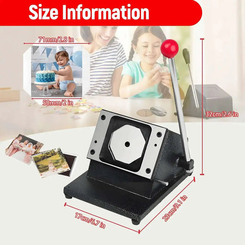 Fridge Magnet Paper Cutter For Diy Crafts, 3.15 Inch Square Punch Tool with ergonomic grip, shown with size and usage info