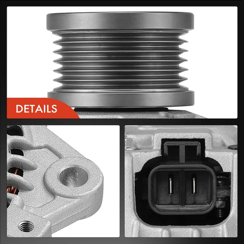 Close-up view of alternator replacement for Nissan Rogue 2008-2012 and X-Trail 2005-2006, 2.5L 12V 110A 6-groove pulley fits L4 engine
