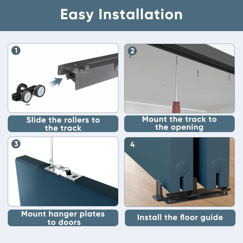 Easy installation steps for Heavy Duty Six Foot Bypass Sliding Door Hardware With Finger Pulls, Aluminum Closet Track For Two Door System.