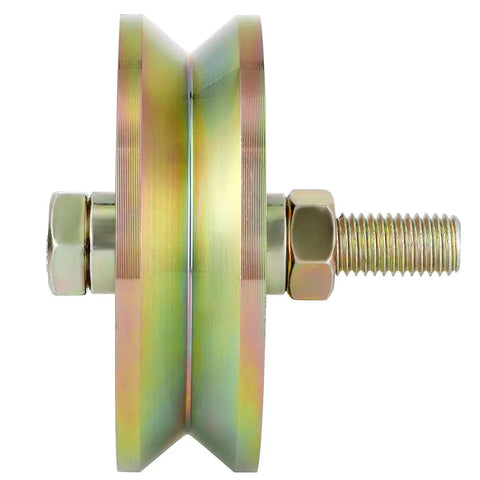 Side view of 4 Inch V Groove Wheel With Double Bearings For Inverted V Track Gate Caster, Galvanized AISI 1045 Steel, 2500 lbs capacity
