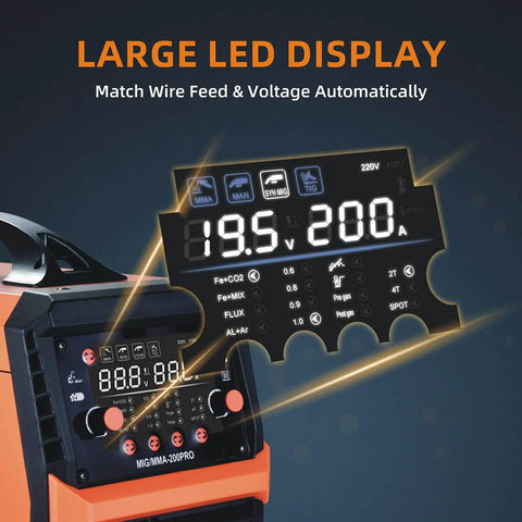 Close-up of All In One 200A Welder For Pros 4 In 1 Gas MIG Flux Core MIG Stick Lift TIG Portable Weld Machine LCD display